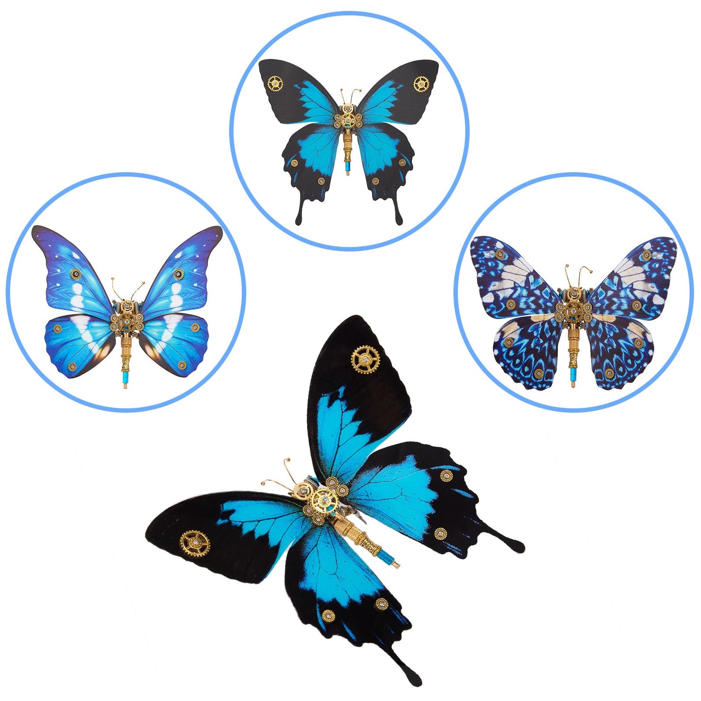 Steampunk 3D Metal Butterfly Model Kit - 3 Distinct Styles: Morpho Helena, Papilio Ulysses & Dichorragia Nesimachus (200+ Parts, Blue) 3D Puzzle Model Kit Diyengmod