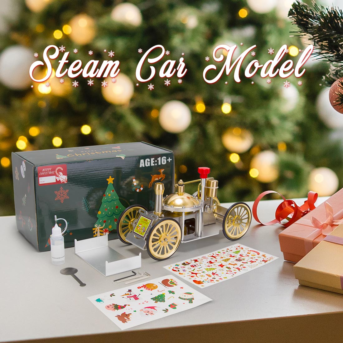 ENJOMOR Vintage Steam-Powered Automobile Model - Retro Educational STEM Toy for Christmas Gift Collection Engine Model Diyengmod