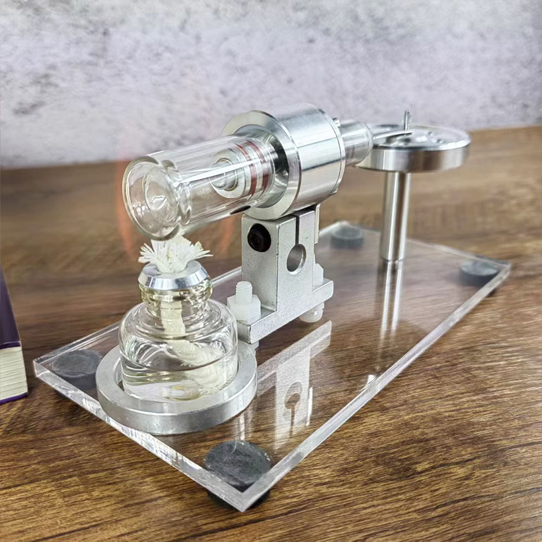 STL-HS Beta Hot Air Stirling Engine Model with Horizontal Flywheel and Wooden Base Stirling Engine Diyengmod