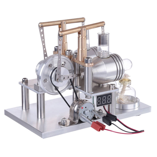 Balance-Type 2-Cylinder Hot Air Stirling Engine Generator with LED Light and Voltage Meter - STEM Educational Toy Stirling Engine Diyengmod