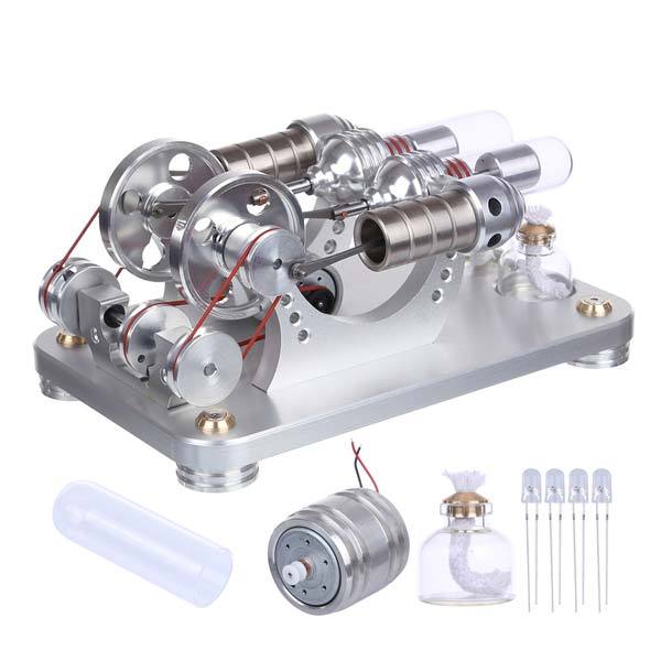 Colorful LED Hot Air Stirling Engine Model - Educational 2 Cylinder Electricity Generator (M14-22-D) Multi-Cylinder Stirling Engine Diyengmod