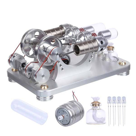 Colorful LED Hot Air Stirling Engine Model - Educational 2 Cylinder Electricity Generator (M14-22-D) Multi-Cylinder Stirling Engine Diyengmod