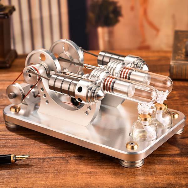 Colorful LED Hot Air Stirling Engine Model - Educational 2 Cylinder Electricity Generator (M14-22-D) Multi-Cylinder Stirling Engine Diyengmod
