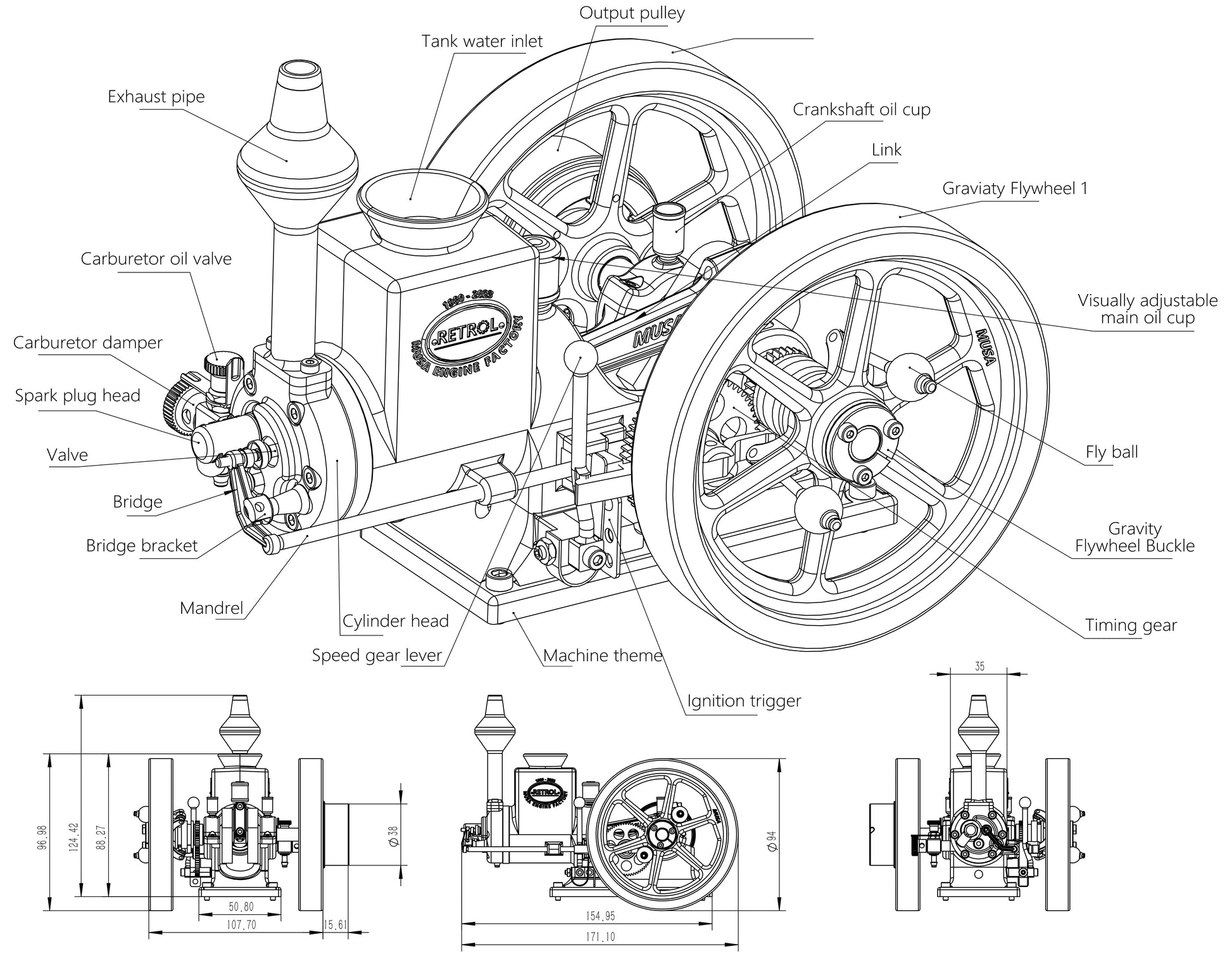 RETROL HM-01 7cc Vintage Hit and Miss Engine 4-Stroke Horizontal IC Engine Model with Exceptional Craftsmanship Engine Model Diyengmod