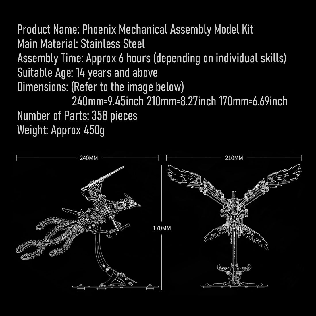 DIY Mechanical Phoenix Flapping Wings 3D Metal Puzzle Kit - 358 Pieces 3D Puzzle Model Kit Diyengmod