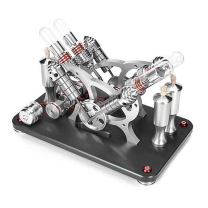 V4 4-Cylinder Stirling Engine Model Kit - External Combustion Generator with Colorful LED Lights Multi-Cylinder Stirling Engine Diyengmod Black