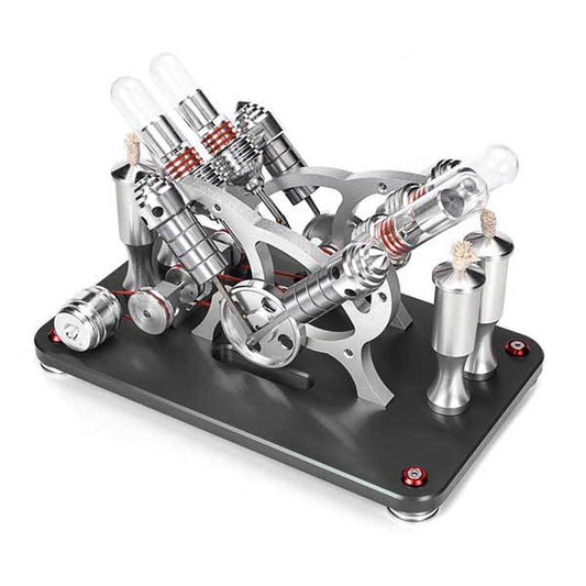 V4 4-Cylinder Stirling Engine Model Kit - External Combustion Generator with Colorful LED Lights Multi-Cylinder Stirling Engine Diyengmod Black