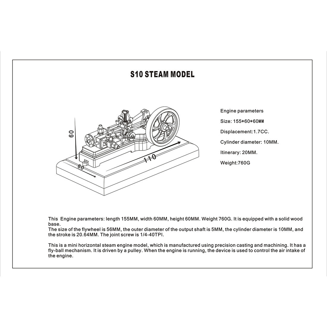 Mini Retro Horizontal Single-cylinder Steam Engine Model with Speed Reducer - 1.7CC Mill Toy Steam Engine Diyengmod