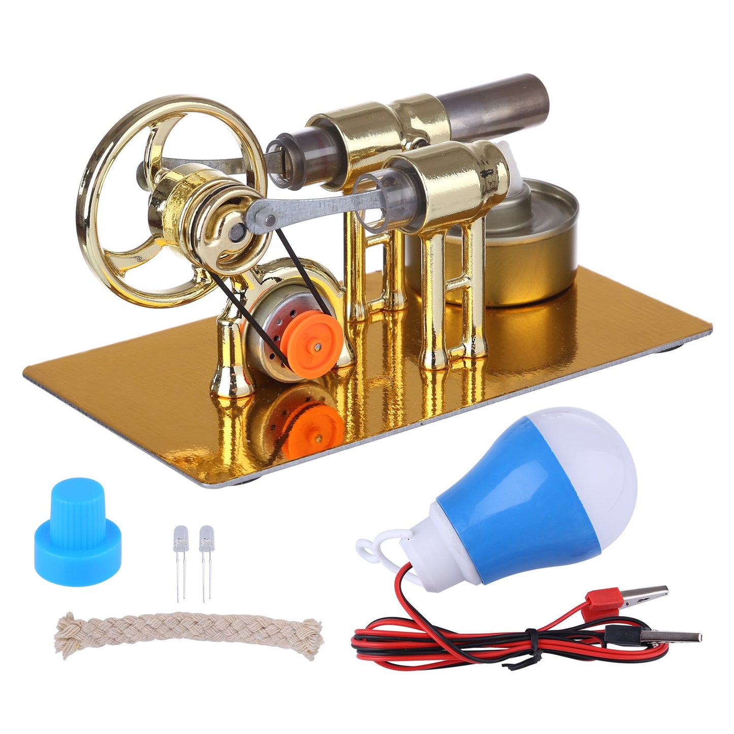 Golden γ-Type Single Cylinder Stirling Engine Generator with LED Bulb - Educational Science Experiment Model Single Cylinder Stirling Engine Diyengmod