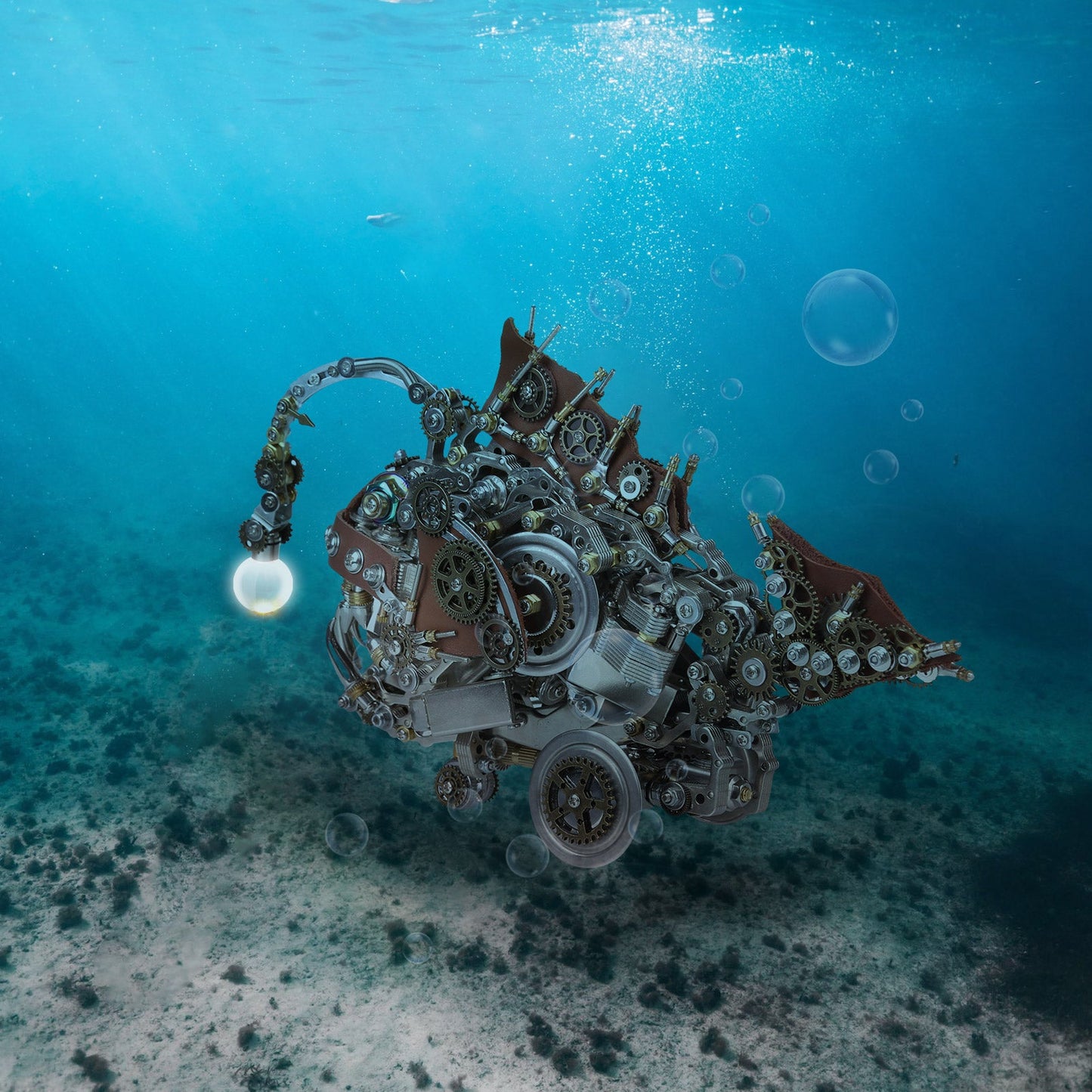 Steampunk 3D Metal Anglerfish Puzzle Model with Luminous Bulb - 1064 PCS DIY Assembly Gift 3D Puzzle Model Kit Diyengmod