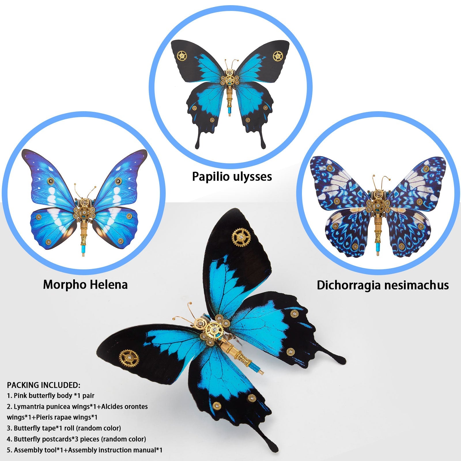 Steampunk 3D Metal Butterfly Model Kit - 3 Distinct Styles: Morpho Helena, Papilio Ulysses & Dichorragia Nesimachus (200+ Parts, Blue) 3D Puzzle Model Kit Diyengmod