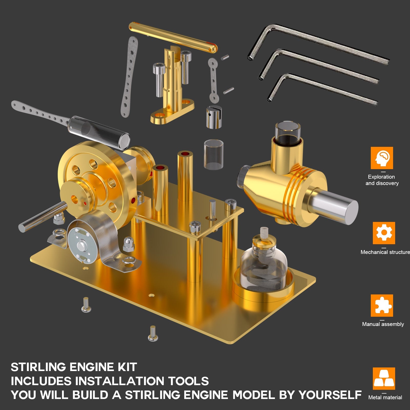 Creative Metal Stirling Engine Assembly Kit - Educational DIY Hot Air Model with Mini Generator Stirling Engine Diyengmod