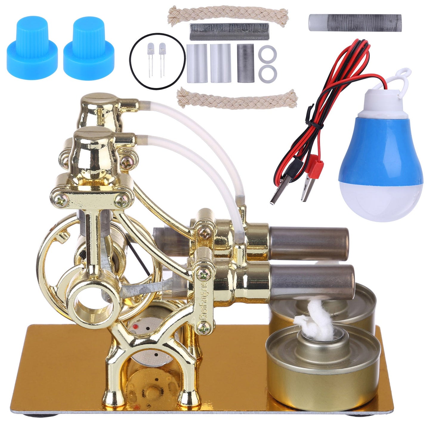 L-Type Double Cylinder Stirling Engine Educational Generator Model with LED Lights and Bulb for Science Learning and Experimentation Multi-Cylinder Stirling Engine Diyengmod