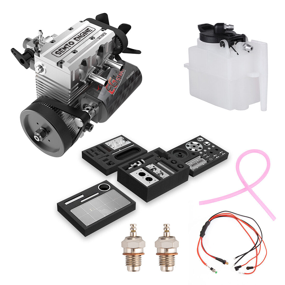 SEMTO ST-NF2 7cc SOHC Inline 2-Cylinder 4-Stroke Air-Cooled Nitro Engine Model Kit - High-Performance FS-L200AC RC Engine Diyengmod SEMTO Engine in Silver & Starter Kit