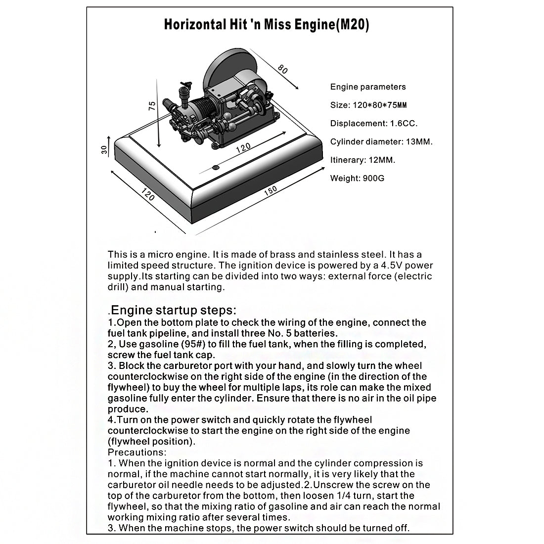 M20 Mini 4-Stroke Gasoline Engine Model with Speed Limiter and Wooden Base Engine Models Diyengmod