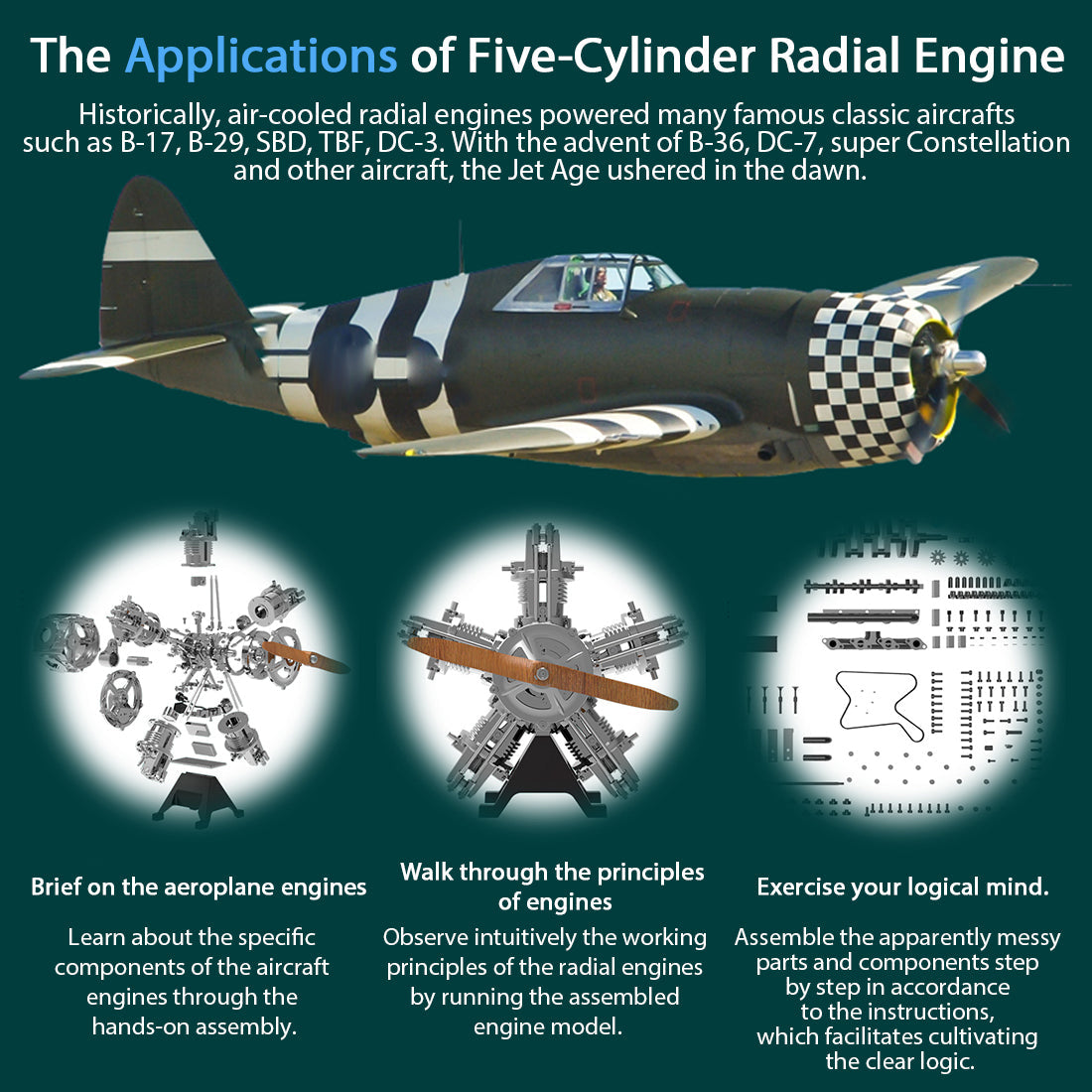 Build Your Own Functional 5 Cylinder Radial Engine Model Kit - TECHING 1:6 Scale Full Metal Engine Kit with 230+ Parts Engine Model Diyengmod