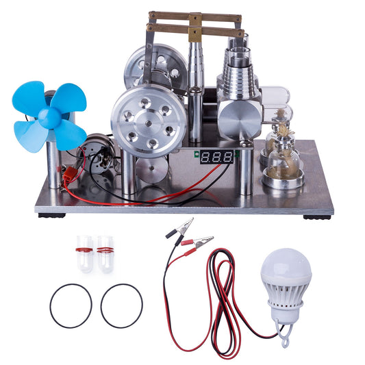 Dual Cylinder Hot Air Stirling Engine Generator with Bulb, Voltage Meter, and Fan - STEM Educational Toy Stirling Engine Diyengmod