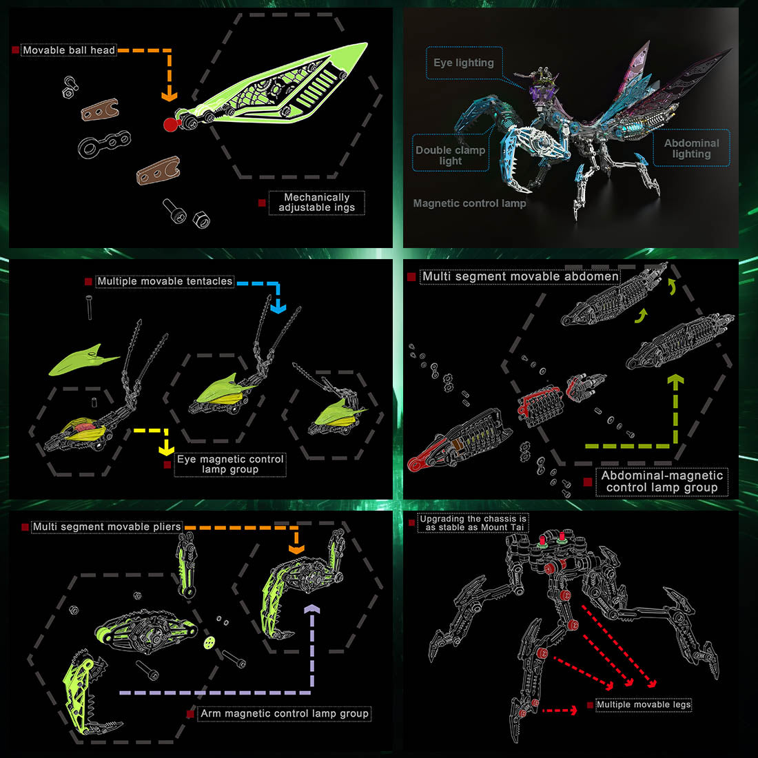 Mechanical Purple Mantis 3D Metal DIY Assembly Kit - Over 1000 Parts & Magnetic Lamps 3D Puzzle Model Kit Diyengmod