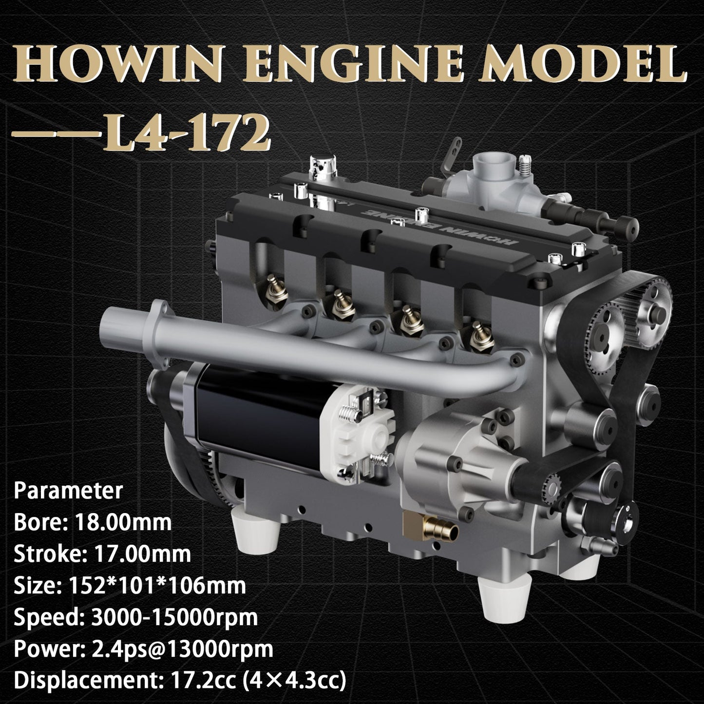 HOWIN L4-172 17.2cc SOHC Inline 4 Cylinder Nitro Engine Model for RC Cars and Boats RC Engine Diyengmod