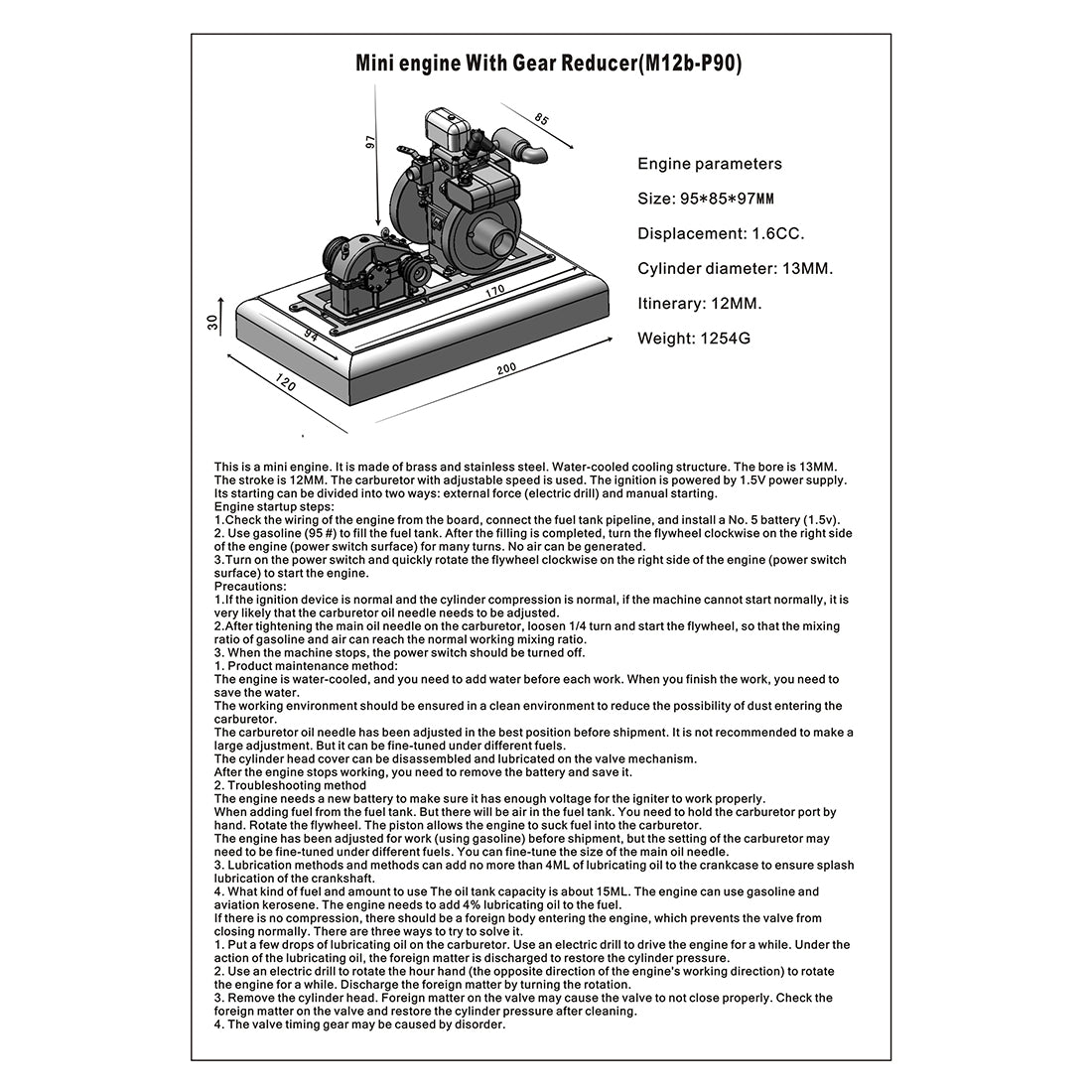 Miniature 1.6cc Four-Stroke Water-Cooled Gasoline Engine Model with Adjustable Speed Gear Reducer Engine Model Diyengmod